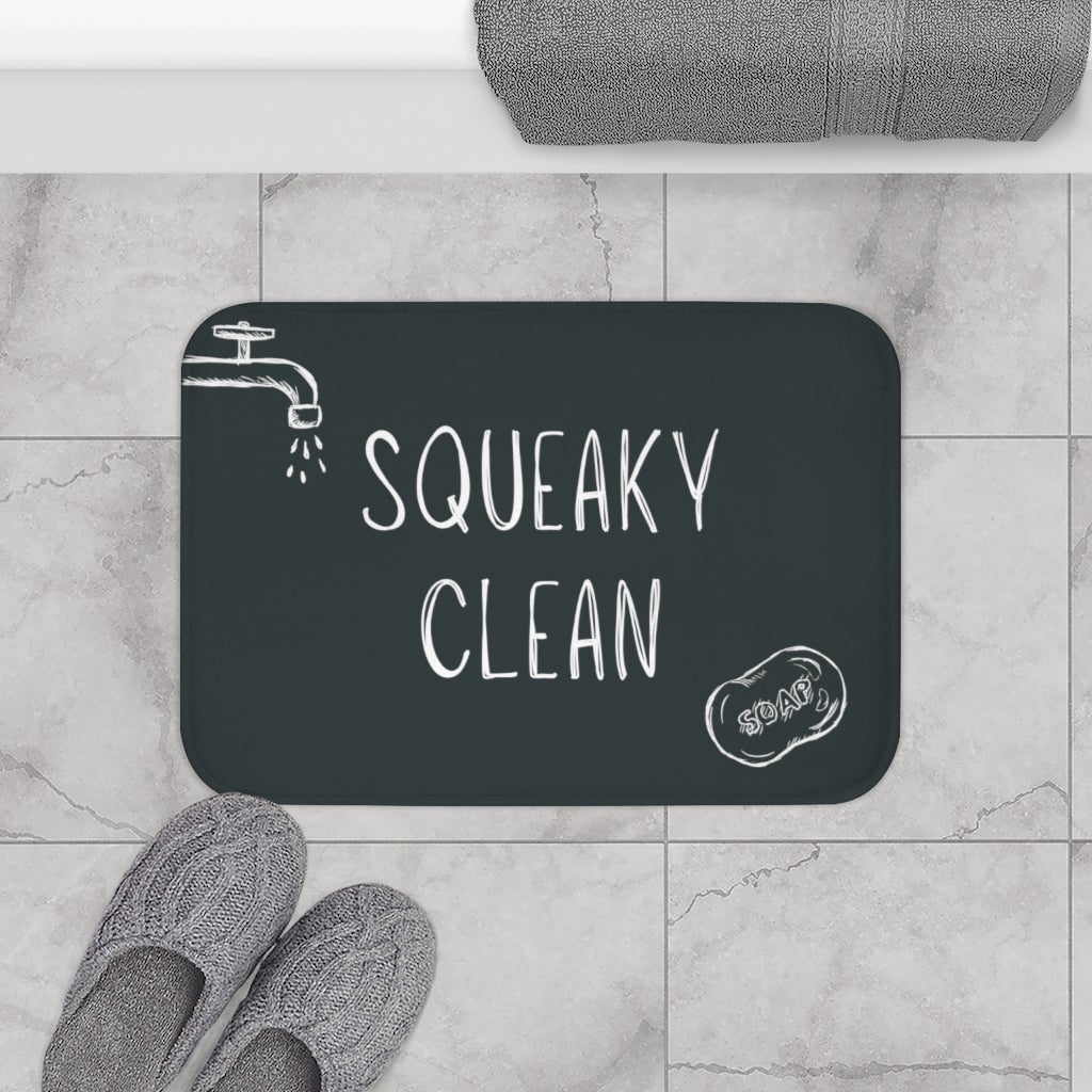 Squeaky Clean Bath Mat in a stylish bathroom setting, featuring soft microfiber material and anti-slip backing.