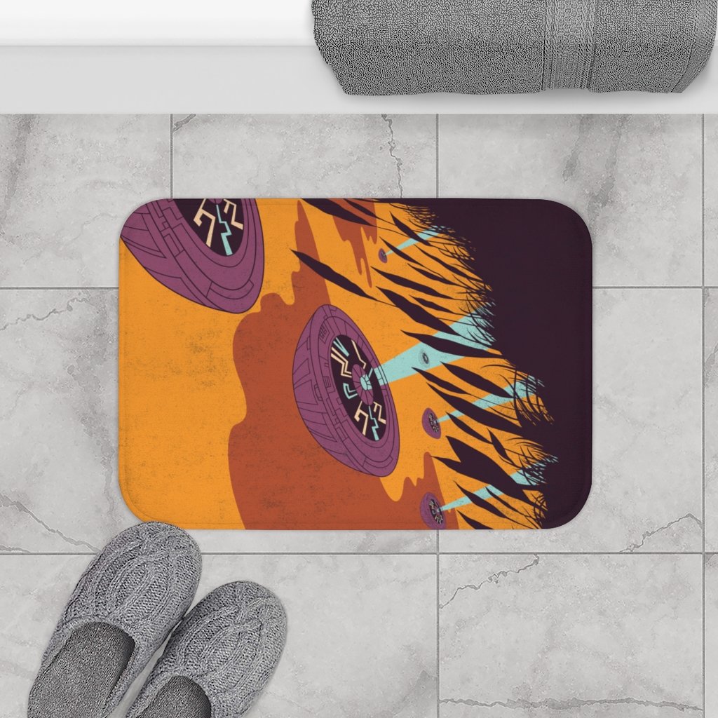 UFO Beaming Light Down Bath Mat featuring a colorful UFO design with anti-slip backing, perfect for bathroom decor.