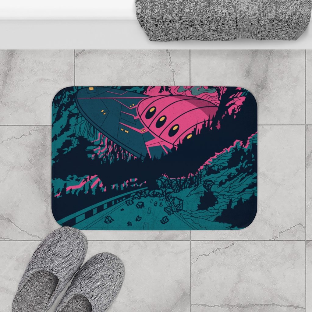 UFO Spaceship Sighting Mat featuring a vibrant UFO design with anti-slip backing, perfect for home decor.