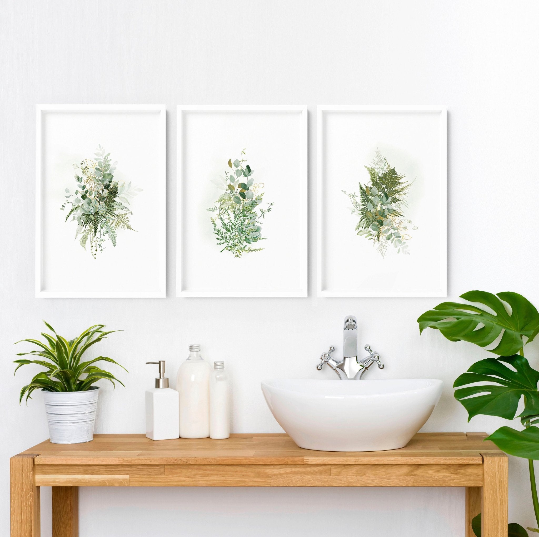 Set of 3 rustic wall art prints for bathroom decor featuring green and gold designs, perfect for adding charm and elegance to any indoor space.