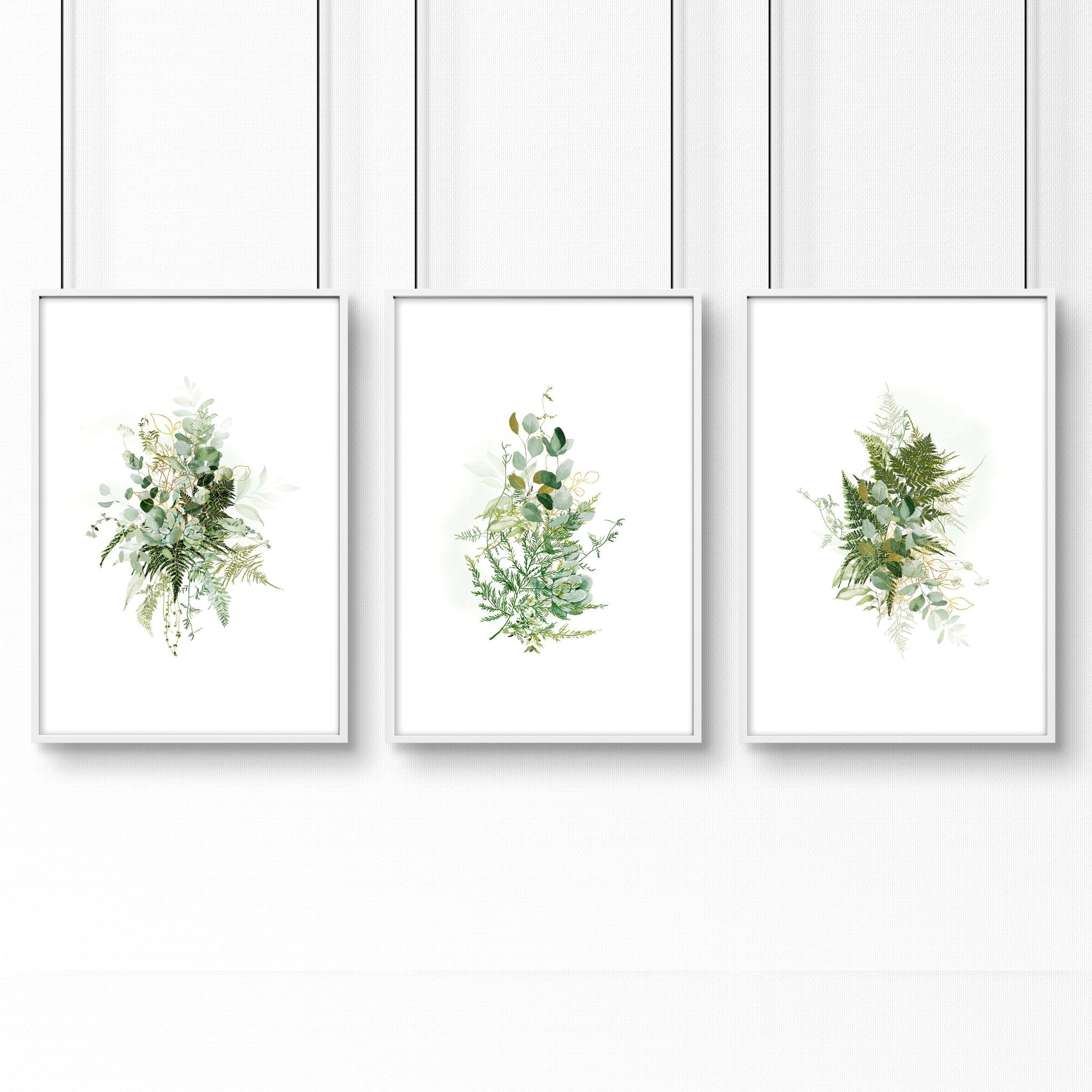 Set of 3 rustic wall art prints for bathroom decor featuring green and gold designs, perfect for adding charm and elegance to any indoor space.