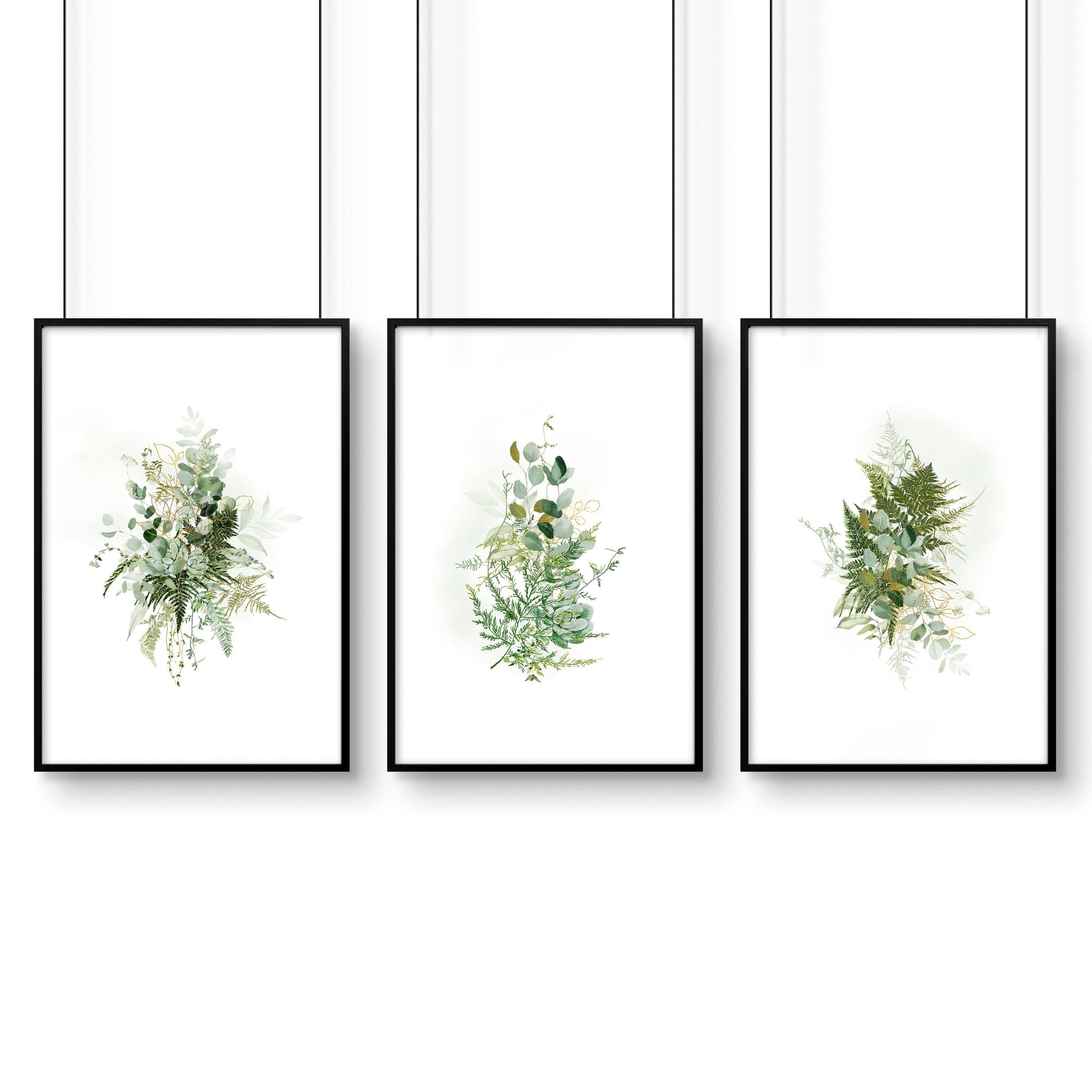 Set of 3 rustic wall art prints for bathroom decor featuring green and gold designs, perfect for adding charm and elegance to any indoor space.