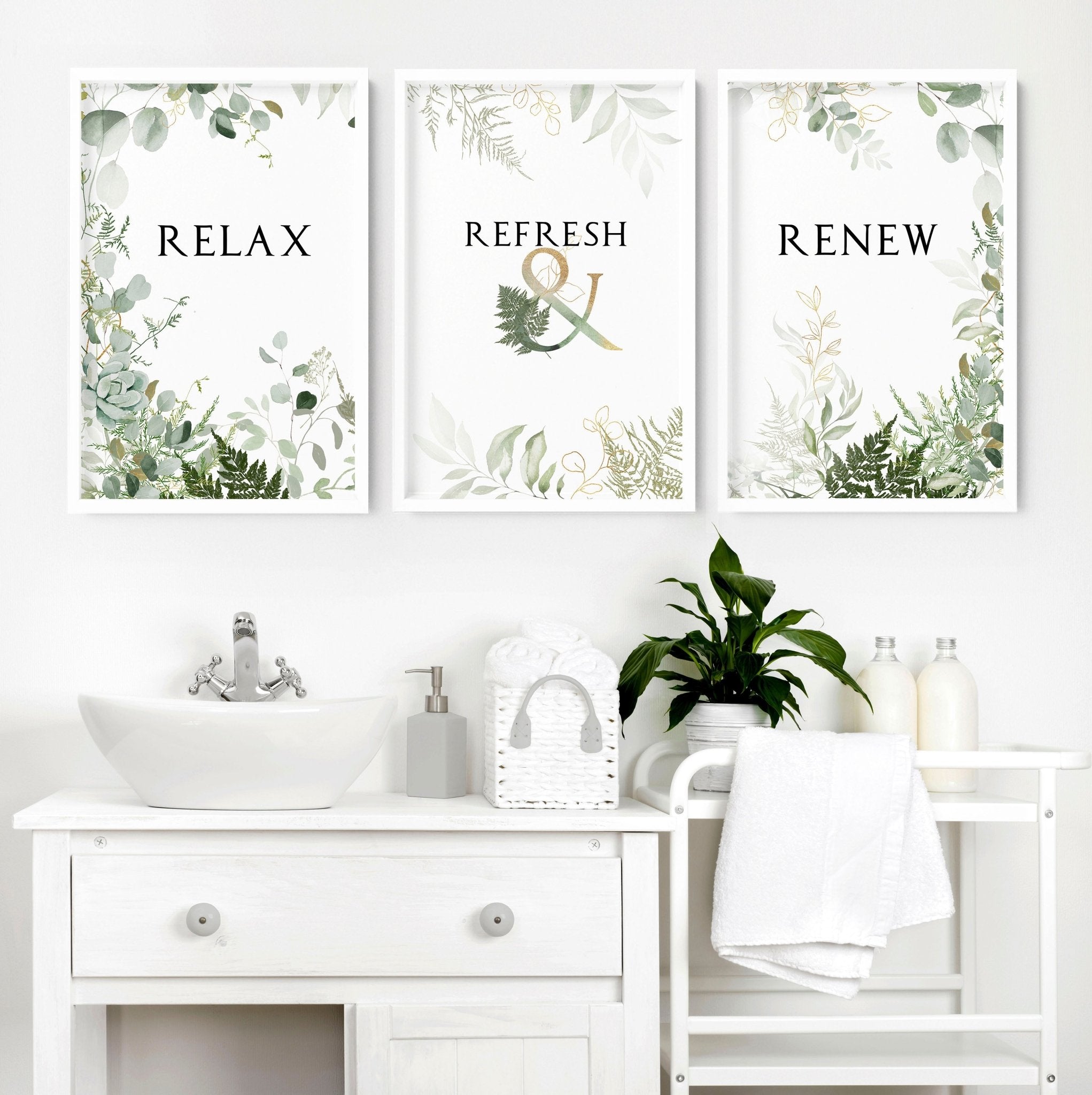 Set of 3 framed bathroom wall art prints featuring a serene green and gold color palette, designed to enhance bathroom decor.