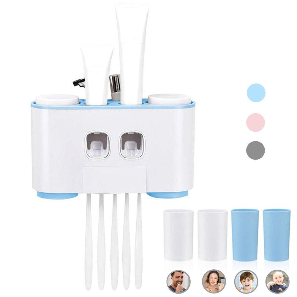 Wall Mounted Bathroom Automatic Toothpaste Dispenser with four cups and five toothbrush slots, designed for hygiene and convenience.