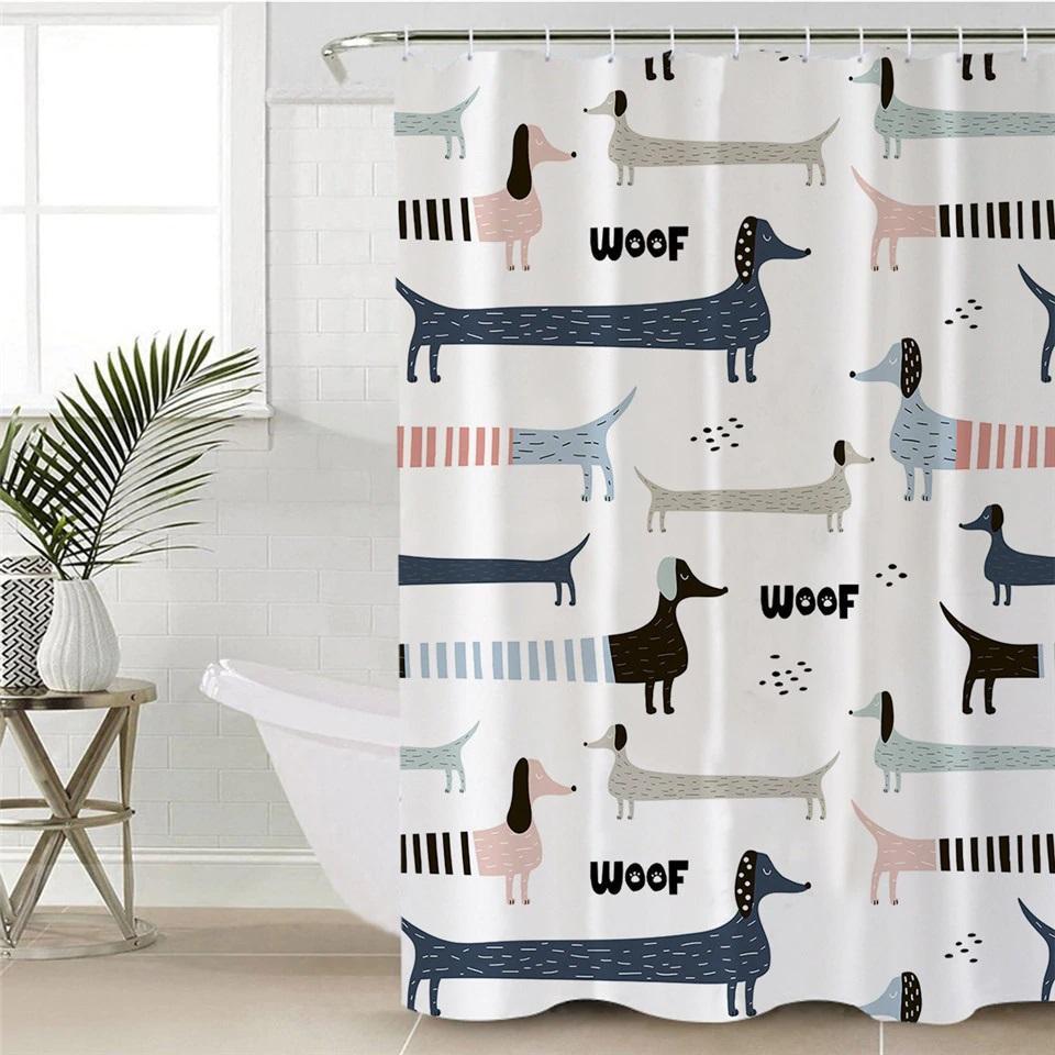 Shower curtain with dachshund illustrations.