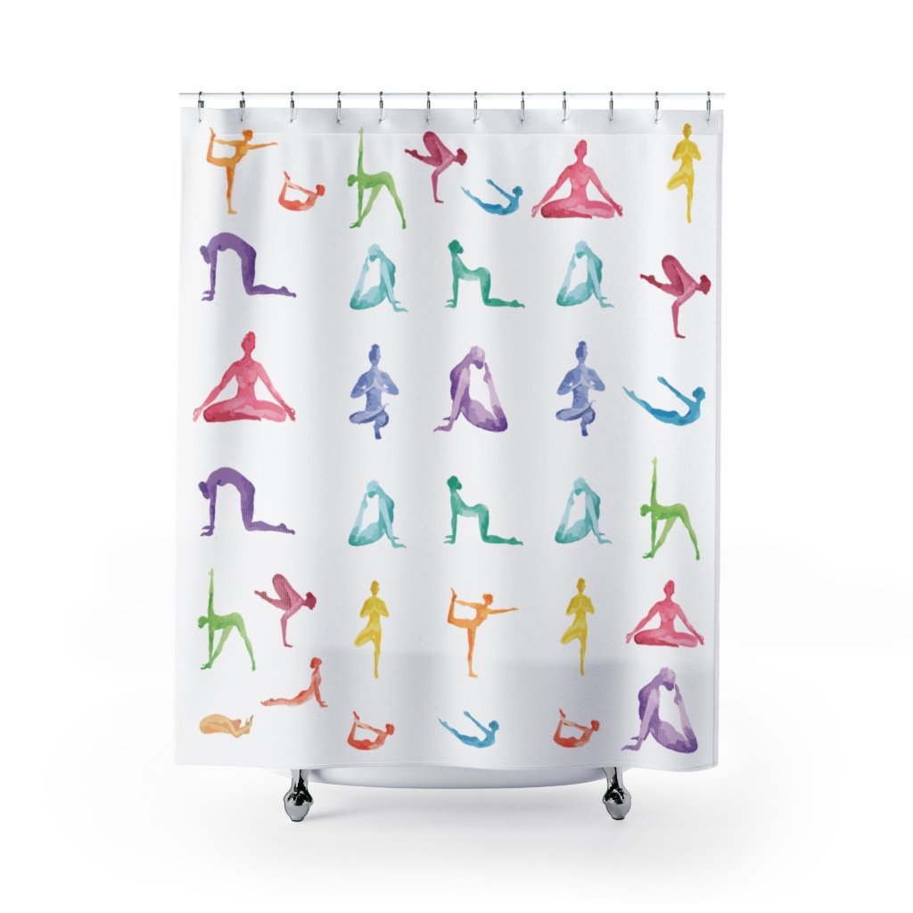 Yoga Sanctuary Shower Curtains featuring vibrant yoga poses print on durable polyester fabric, perfect for bathroom decor.