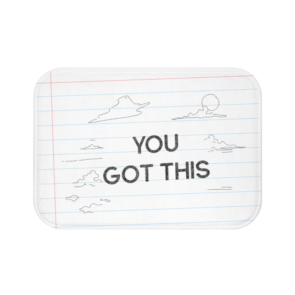 You Got This Pencil Font Bath Mat with anti-slip backing, featuring a motivational design in a cozy bathroom setting.