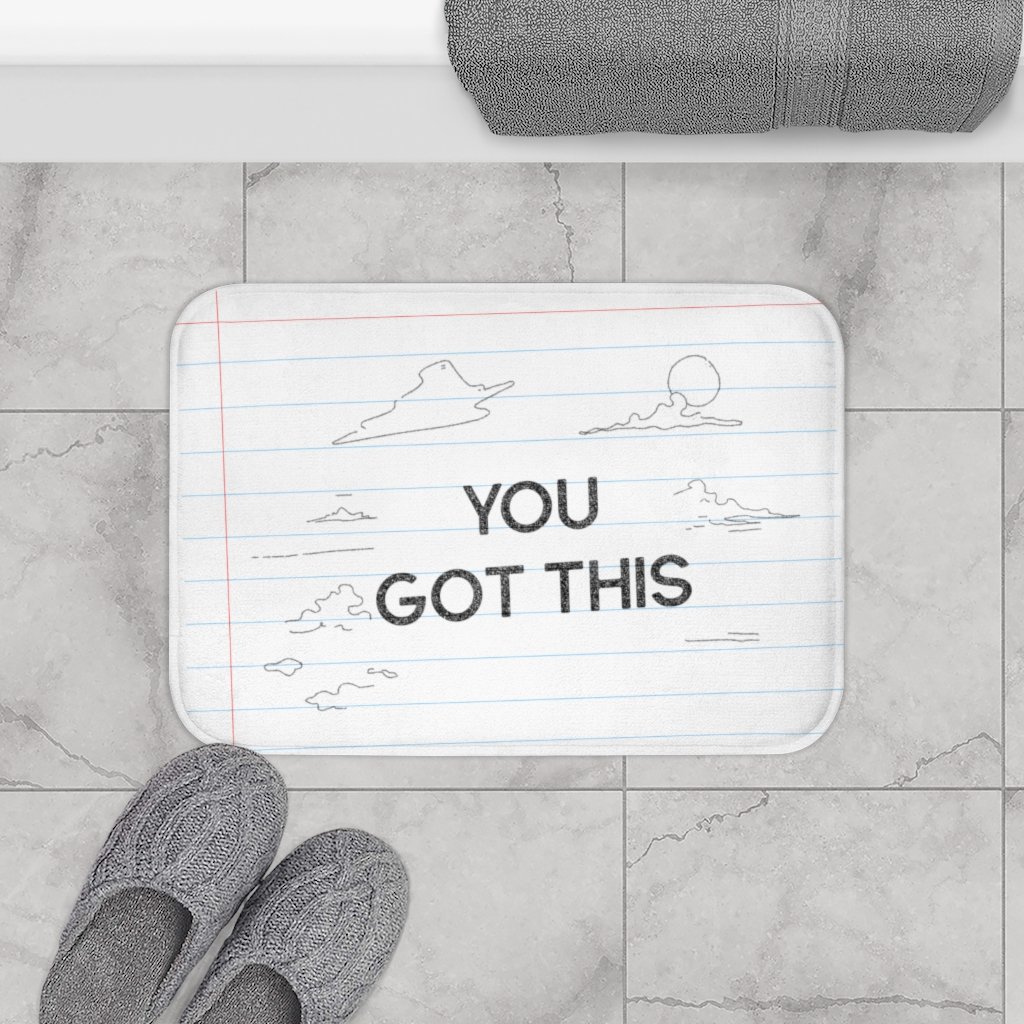 You Got This Pencil Font Bath Mat with anti-slip backing, featuring a motivational design in a cozy bathroom setting.