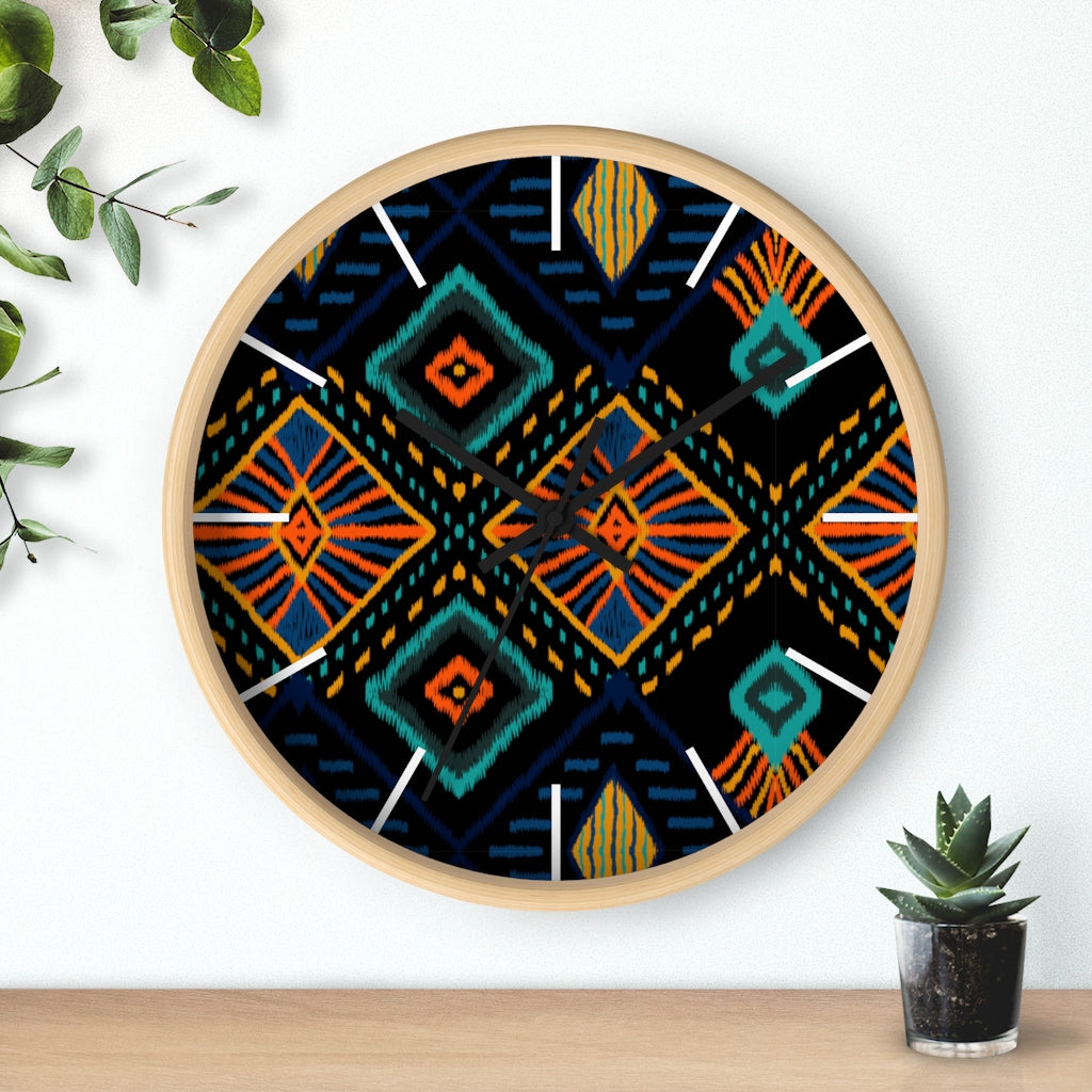 2882Time™ Boho Tribe Geometric Clock featuring a wooden frame and plexiglass face, showcasing a modern geometric design perfect for home decor.