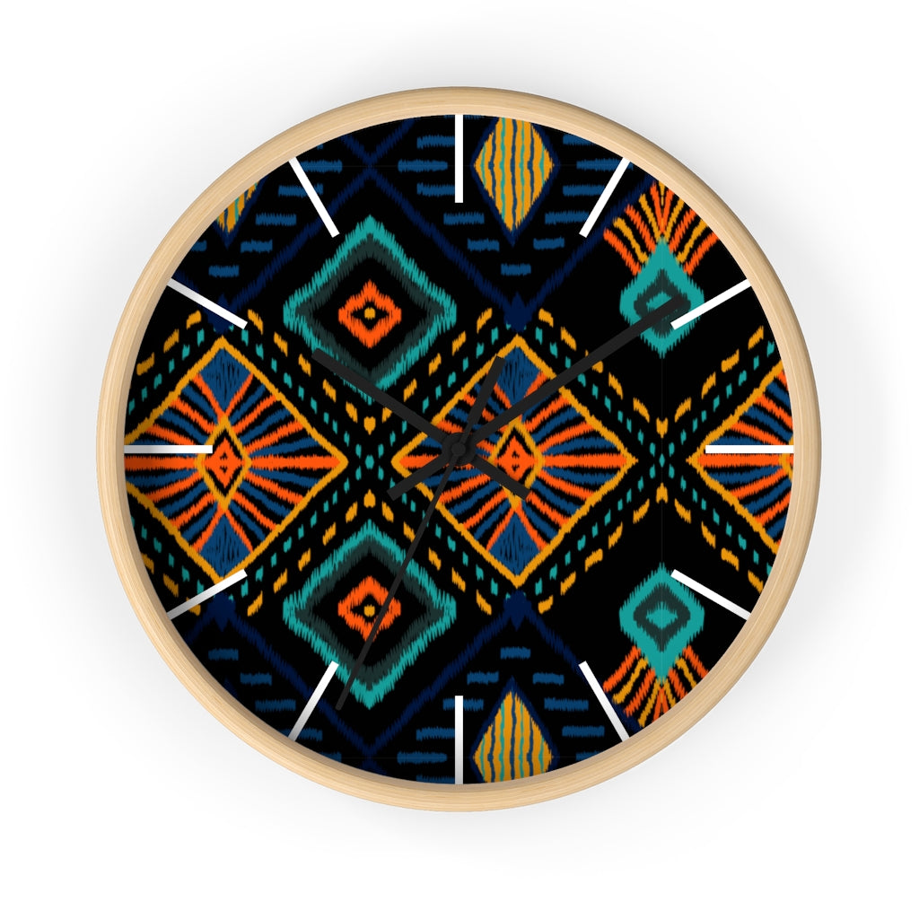 2882Time™ Boho Tribe Geometric Clock featuring a wooden frame and plexiglass face, showcasing a modern geometric design perfect for home decor.