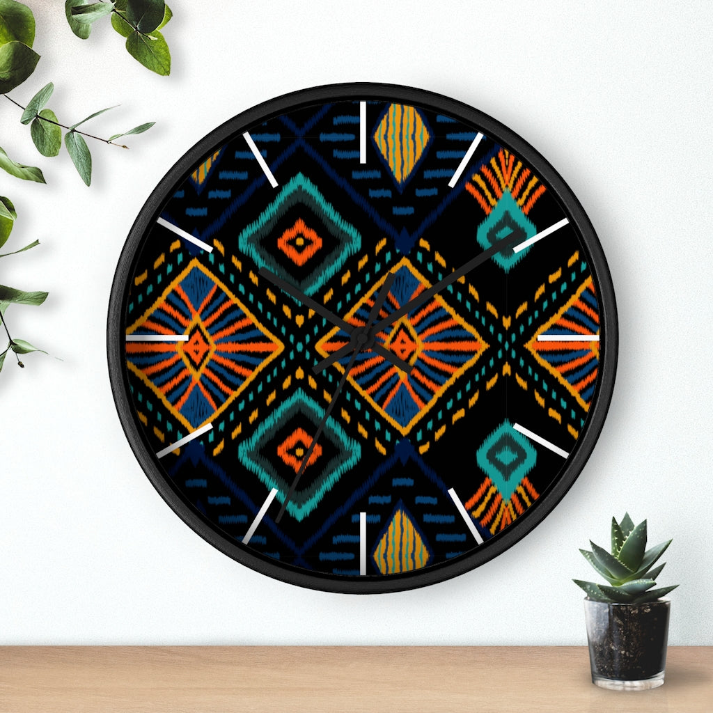 2882Time™ Boho Tribe Geometric Clock featuring a wooden frame and plexiglass face, showcasing a modern geometric design perfect for home decor.