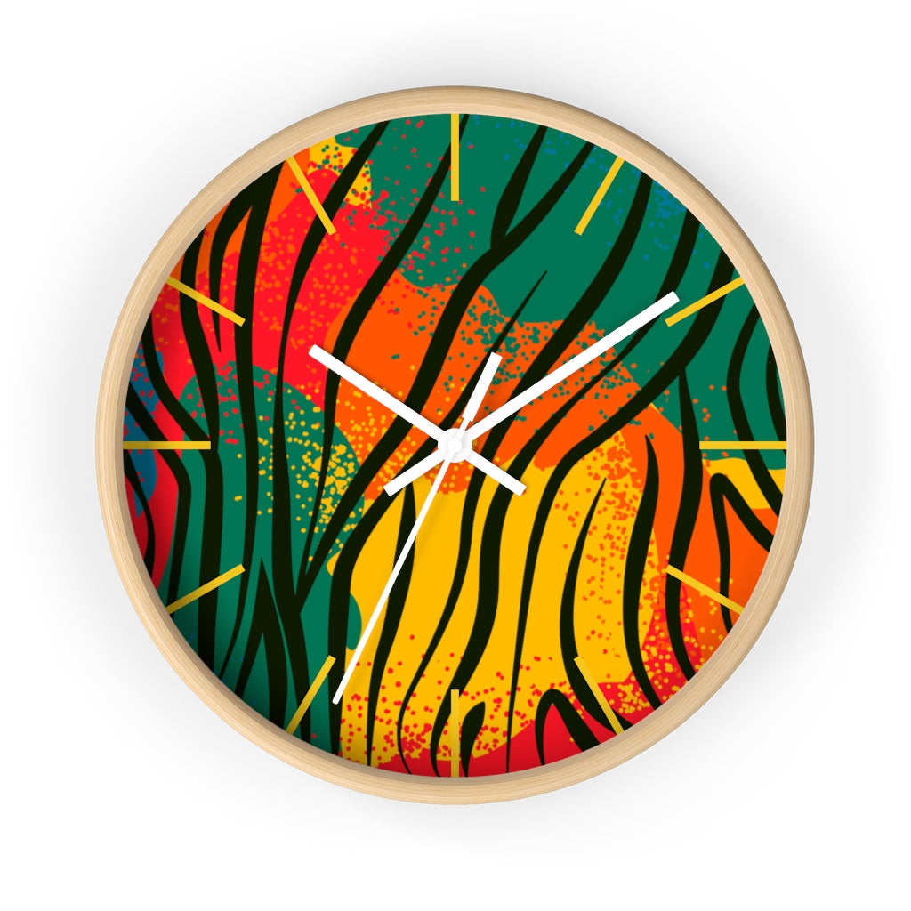 2882Time™ Welcome to The Jungle Geometric Clock featuring a wooden frame and plexiglass face, showcasing a unique geometric design.