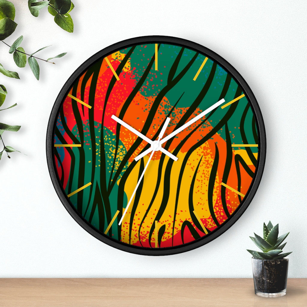 2882Time™ Welcome to The Jungle Geometric Clock featuring a wooden frame and plexiglass face, showcasing a unique geometric design.