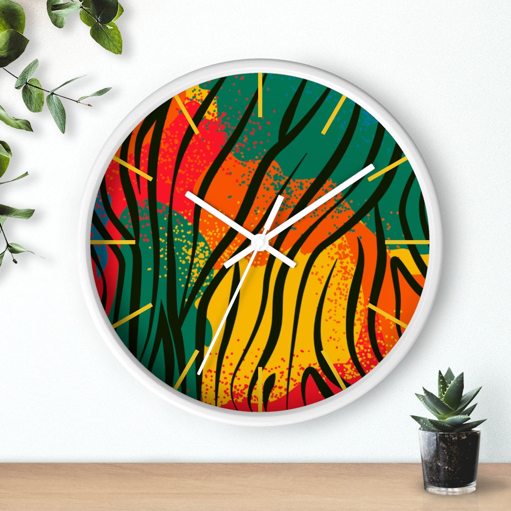 2882Time™ Welcome to The Jungle Geometric Clock featuring a wooden frame and plexiglass face, showcasing a unique geometric design.