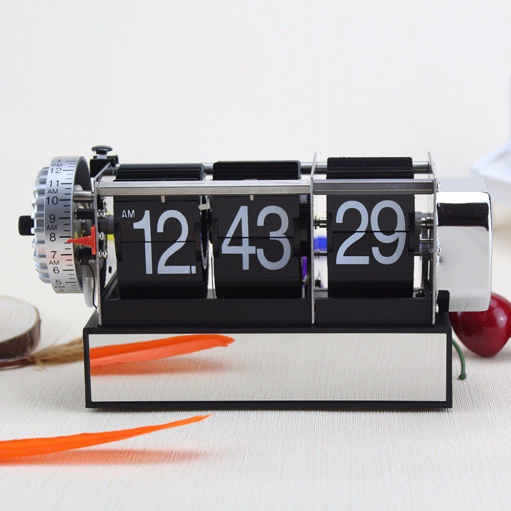 Auto Flip Desktop Alarm Clock with metal body and acrylic numbers, showcasing a retro steampunk design.