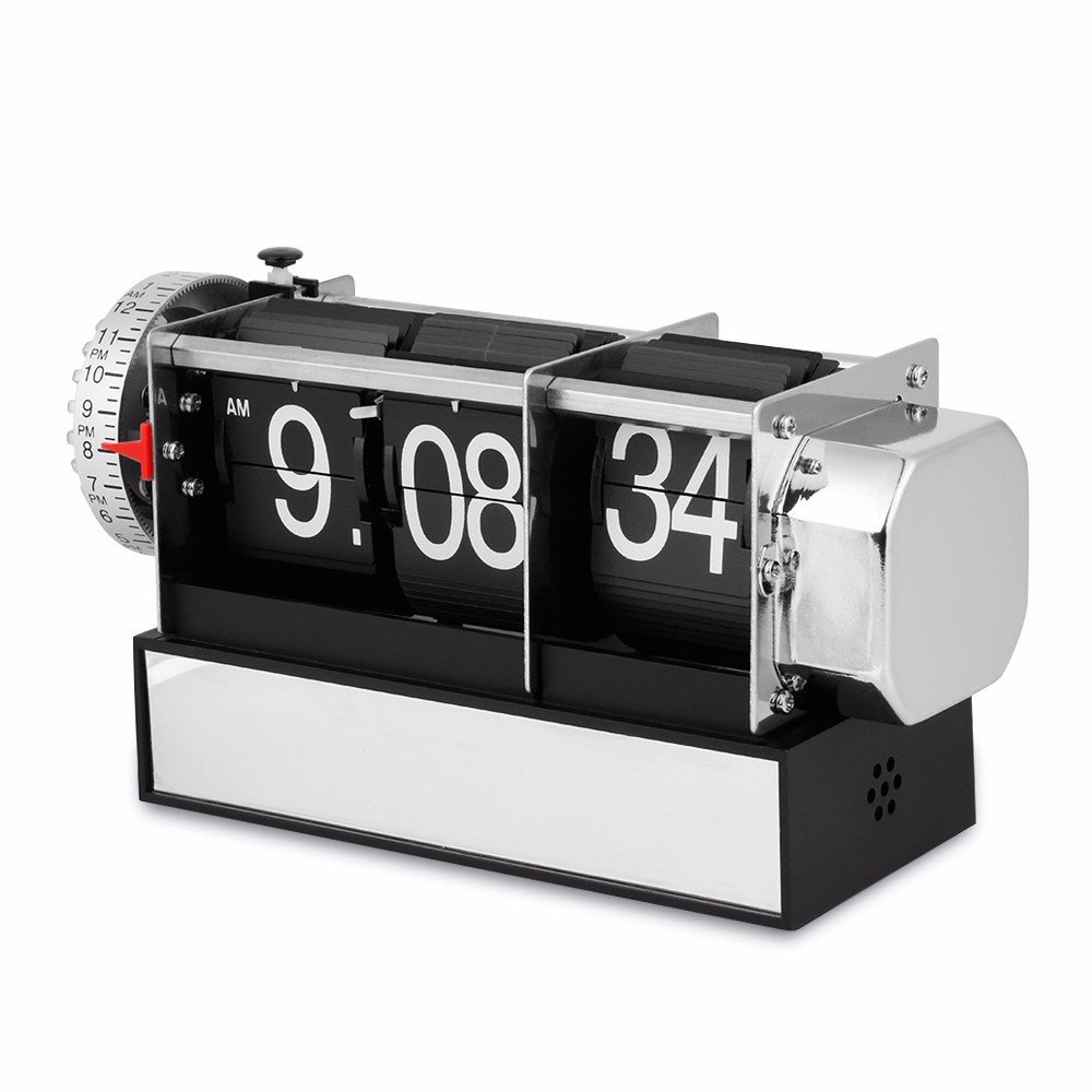 Auto Flip Desktop Alarm Clock with metal body and acrylic numbers, showcasing a retro steampunk design.