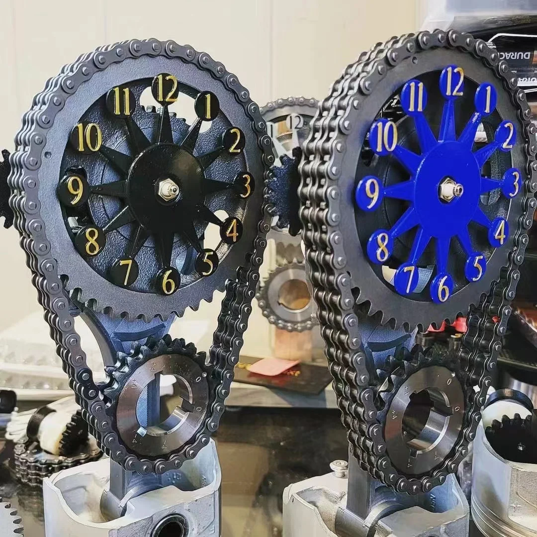 Block Timing Chain Clock featuring a real engine timing chain, showcasing intricate details and automotive-inspired design.