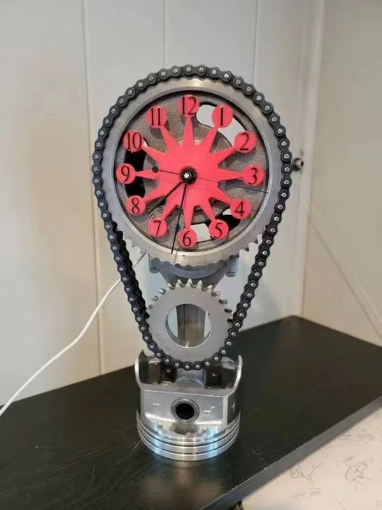 Block Timing Chain Clock featuring a real engine timing chain, showcasing intricate details and automotive-inspired design.