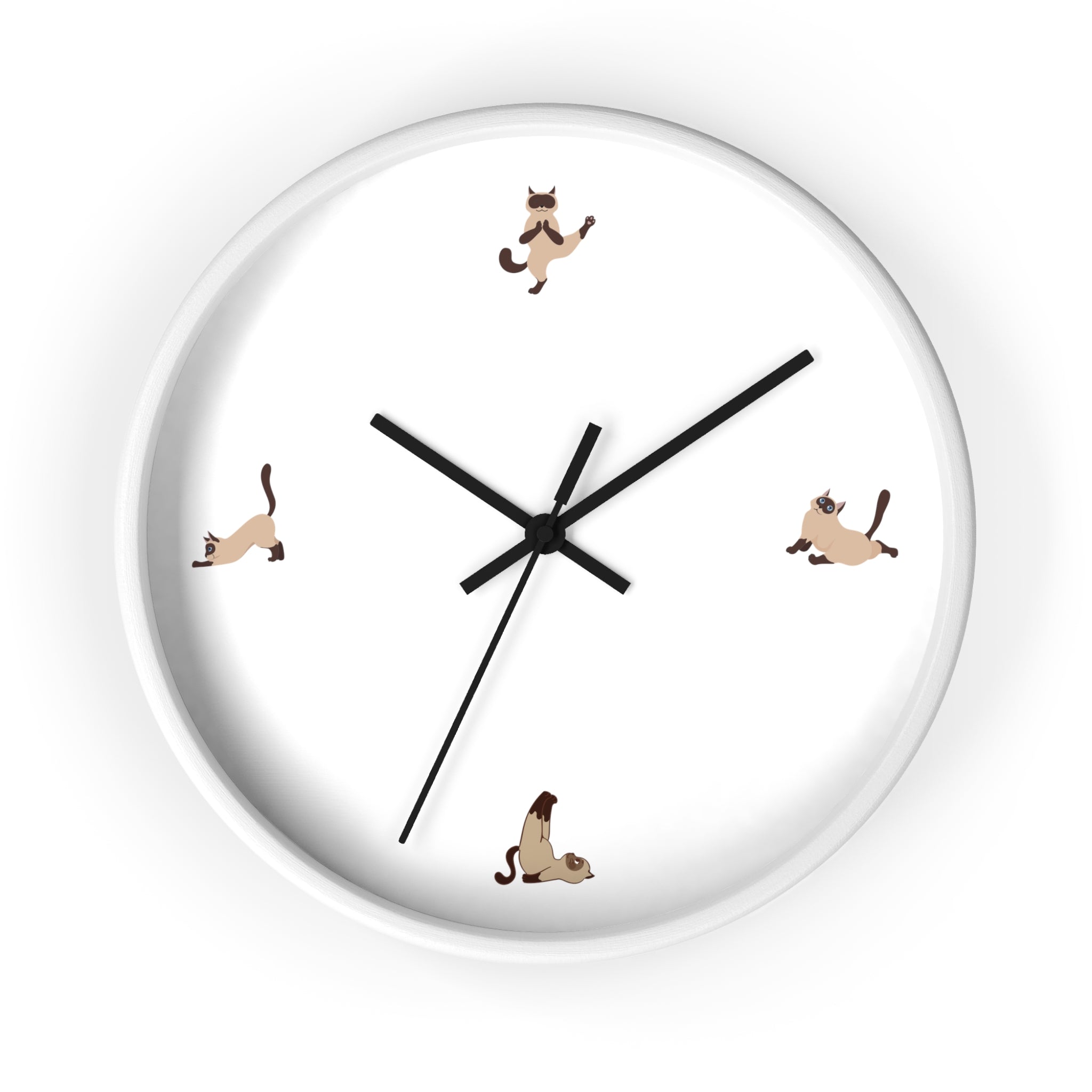 A whimsical wall clock featuring a cat doing yoga poses, set in a wooden frame with a clear plexiglass face, perfect for indoor decor.