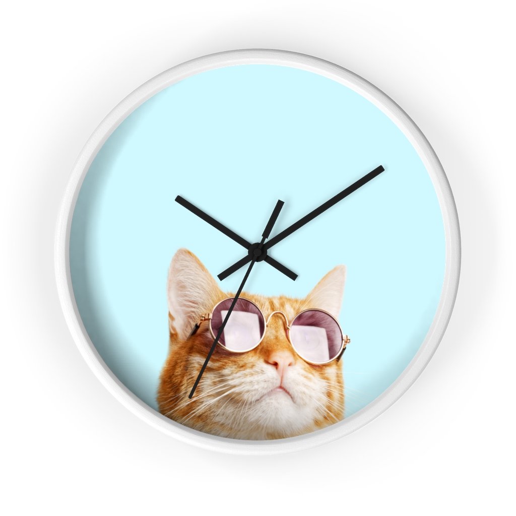 A whimsical wall clock featuring a cat design with a wooden frame and plexiglass face, ideal for indoor use.