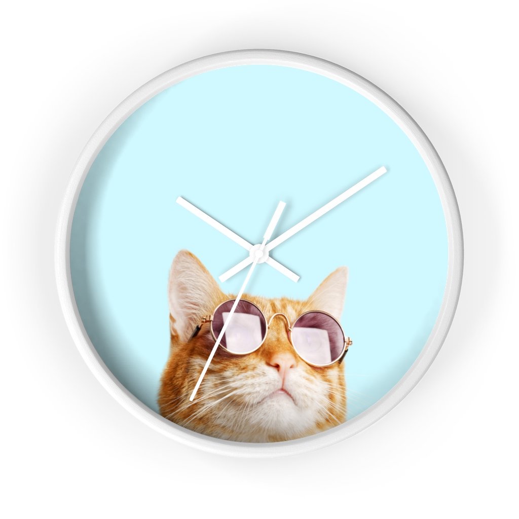 A whimsical wall clock featuring a cat design with a wooden frame and plexiglass face, ideal for indoor use.