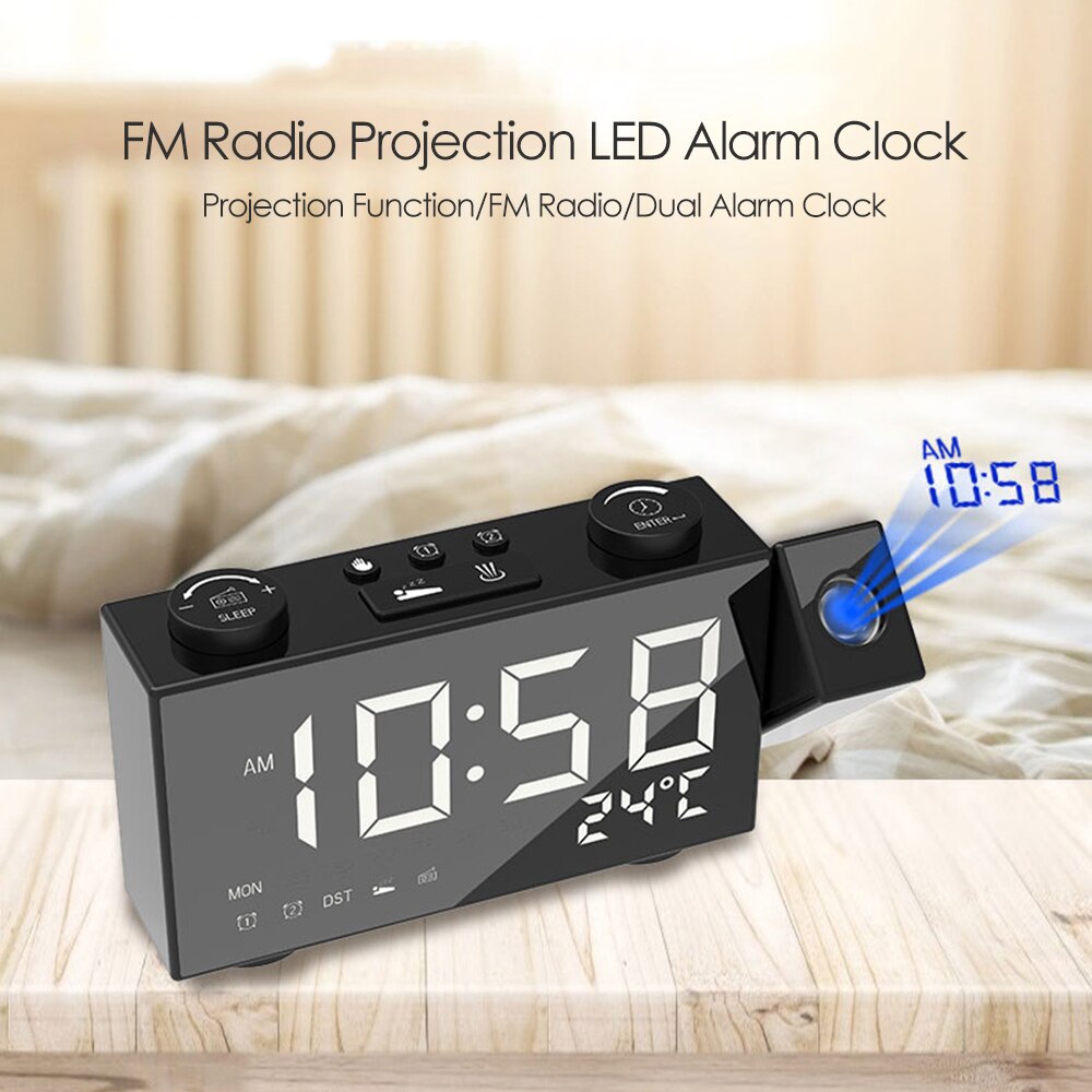 Digital Alarm Clock with dual alarms and snooze feature, featuring a sleek square design and built-in radio functionality.