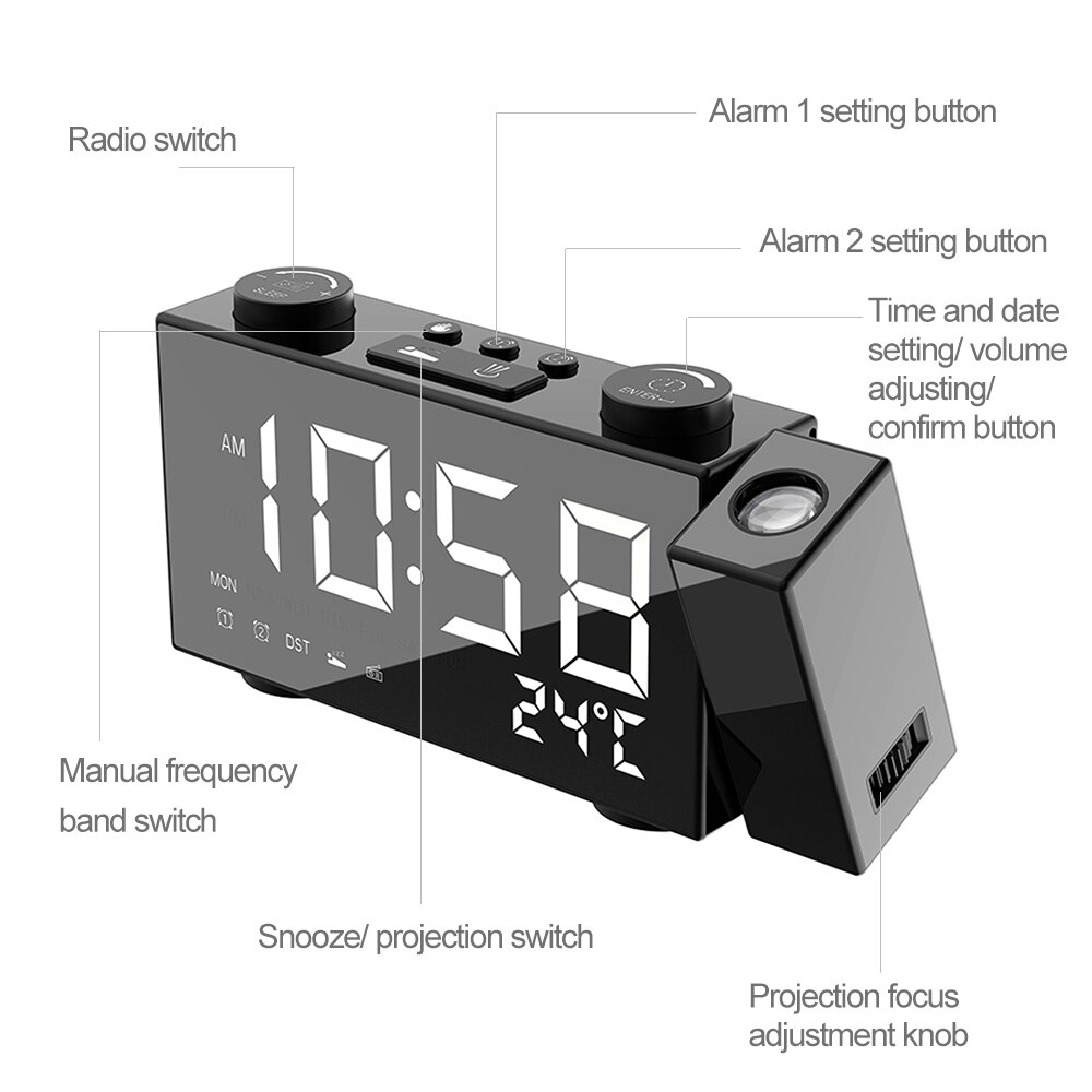 Digital Alarm Clock with dual alarms and snooze feature, featuring a sleek square design and built-in radio functionality.