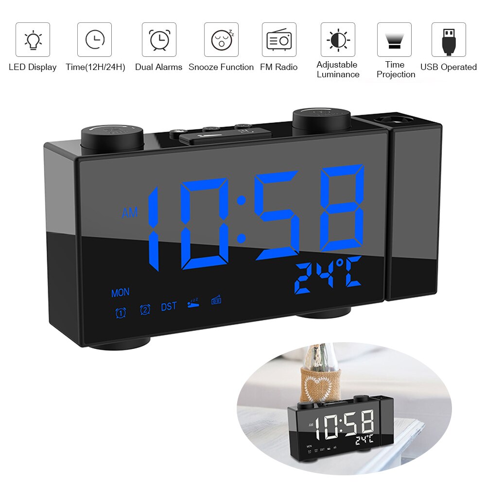 Digital Alarm Clock with dual alarms and snooze feature, featuring a sleek square design and built-in radio functionality.