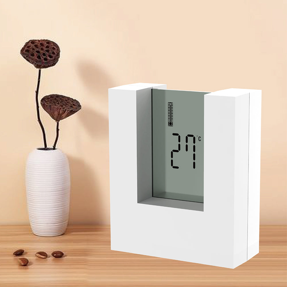 Electronic Square LCD Calendar Alarm Clock displaying time, date, and temperature in a sleek design, perfect for home or office use.