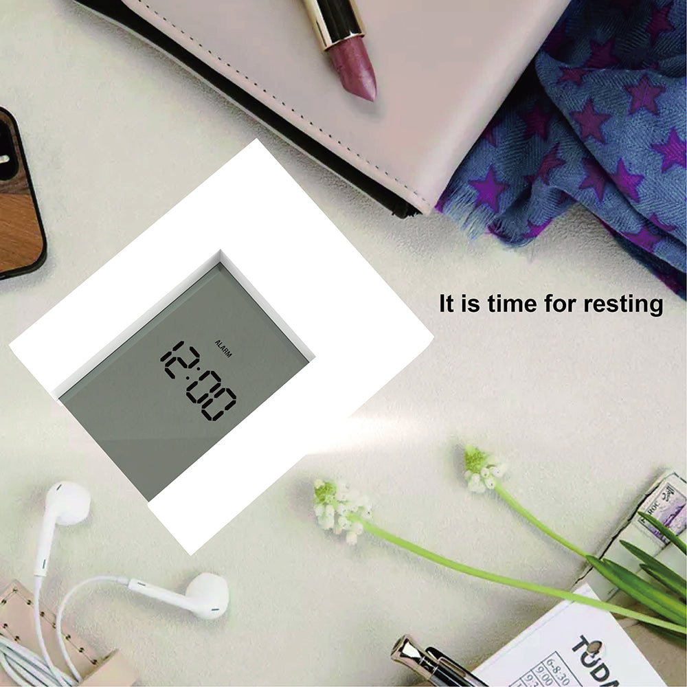 Electronic Square LCD Calendar Alarm Clock displaying time, date, and temperature in a sleek design, perfect for home or office use.