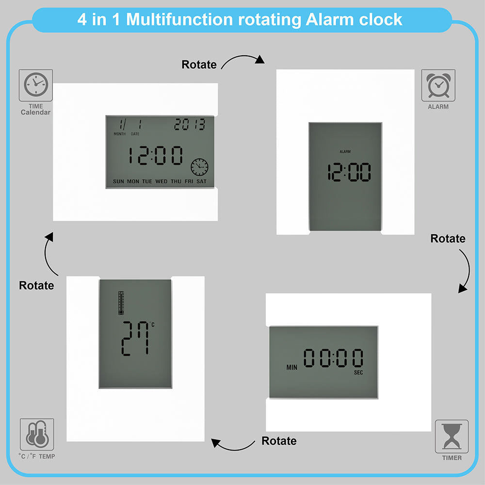 Electronic Square LCD Calendar Alarm Clock displaying time, date, and temperature in a sleek design, perfect for home or office use.