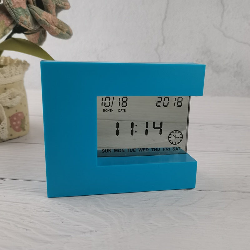 Electronic Square LCD Calendar Alarm Clock displaying time, date, and temperature in a sleek design, perfect for home or office use.