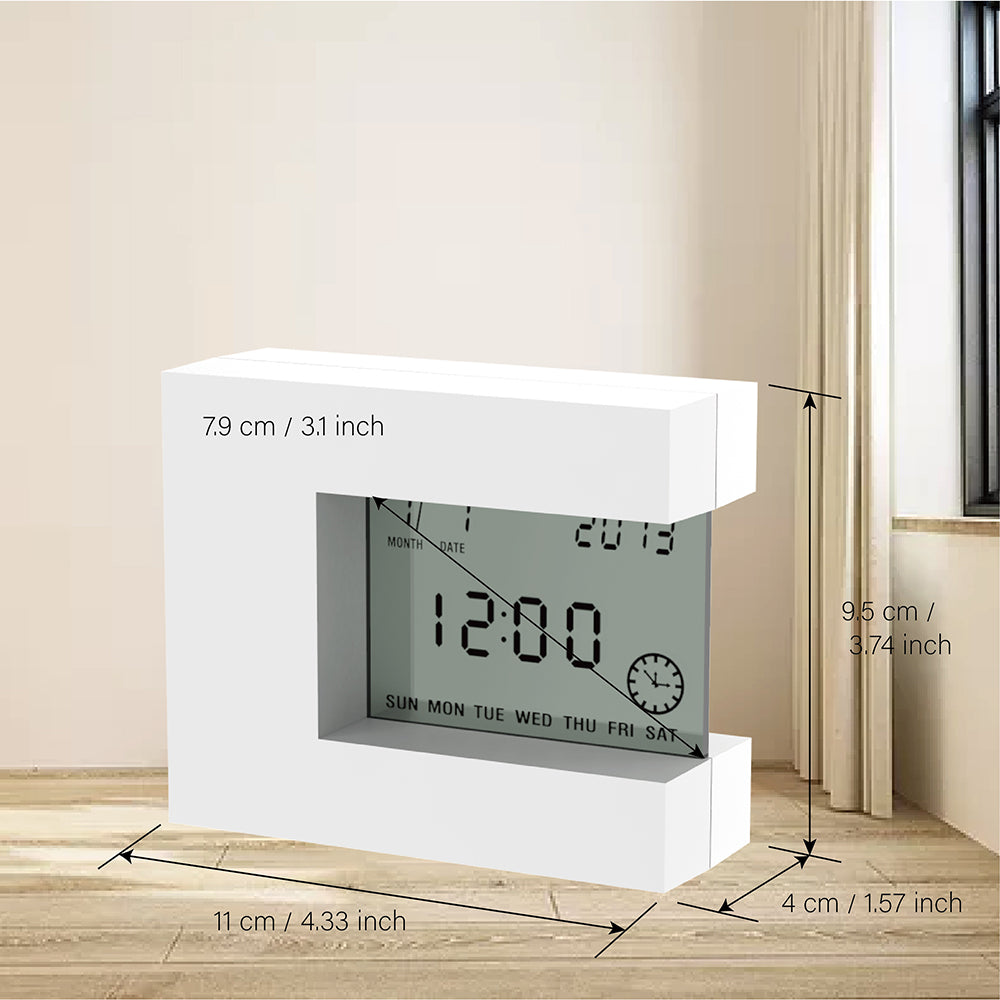 Electronic Square LCD Calendar Alarm Clock displaying time, date, and temperature in a sleek design, perfect for home or office use.