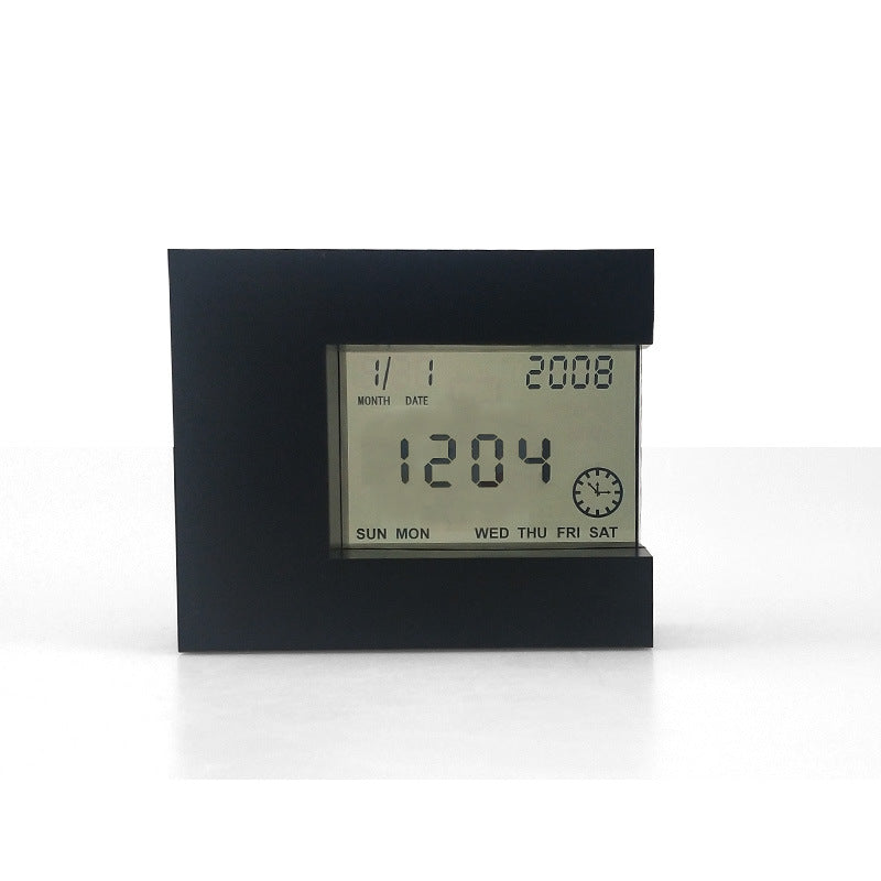 Electronic Square LCD Calendar Alarm Clock displaying time, date, and temperature in a sleek design, perfect for home or office use.