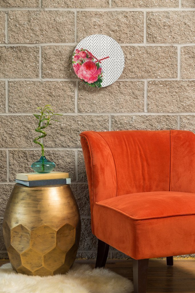 A stylish 12-inch round Floral Dots Wall Clock featuring custom artwork and quartz movement, perfect for home décor.