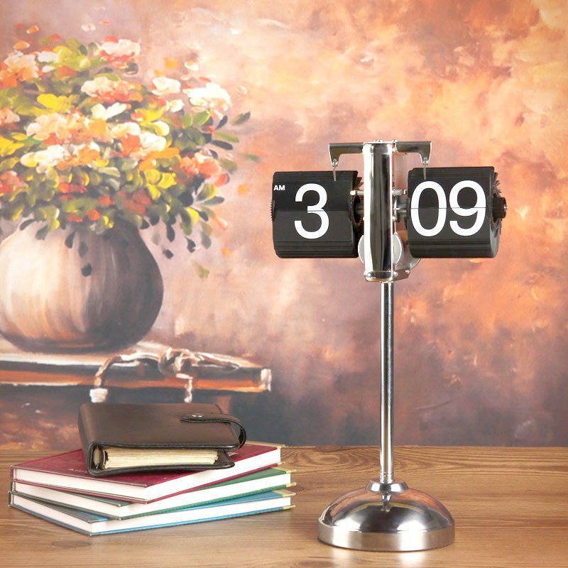 Height-adjustable Retro Flip Clock featuring exposed workings, gear-operated flip swatches, and a durable stainless steel frame.