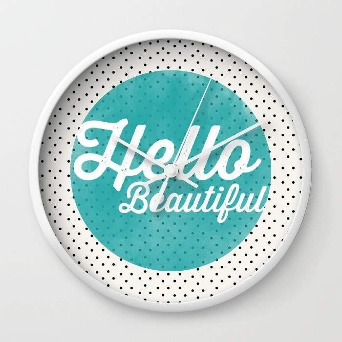 Hello Beautiful Teal Dots Typography Wall Clock with black or white frame, featuring a vibrant teal dots design and high-impact plexiglass face.