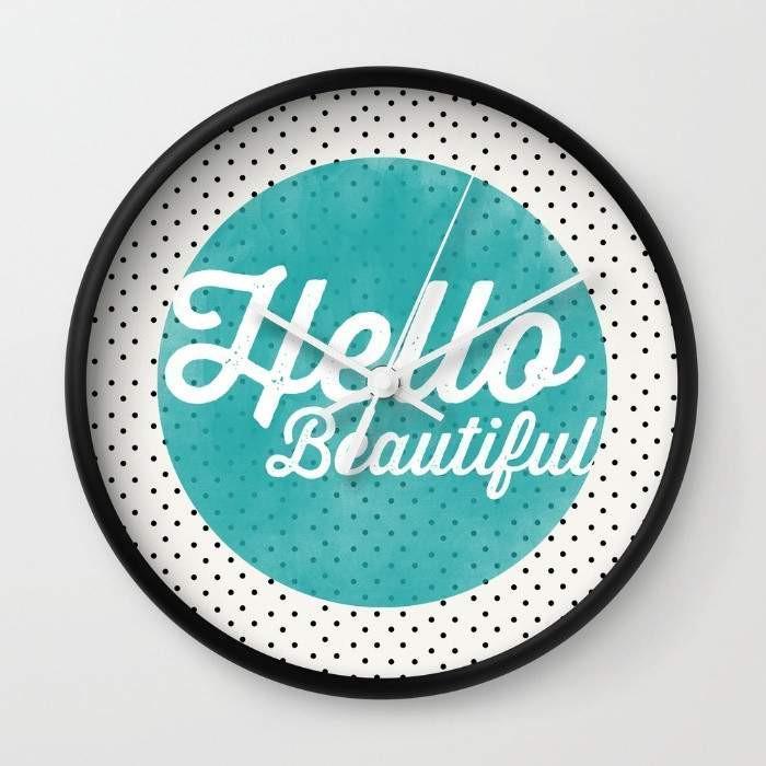 Hello Beautiful Teal Dots Typography Wall Clock with black or white frame, featuring a vibrant teal dots design and high-impact plexiglass face.