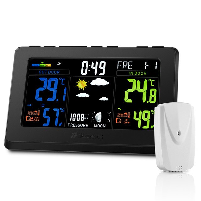 Houzetek S657 Weather Station displaying temperature and humidity readings with an outdoor sensor.