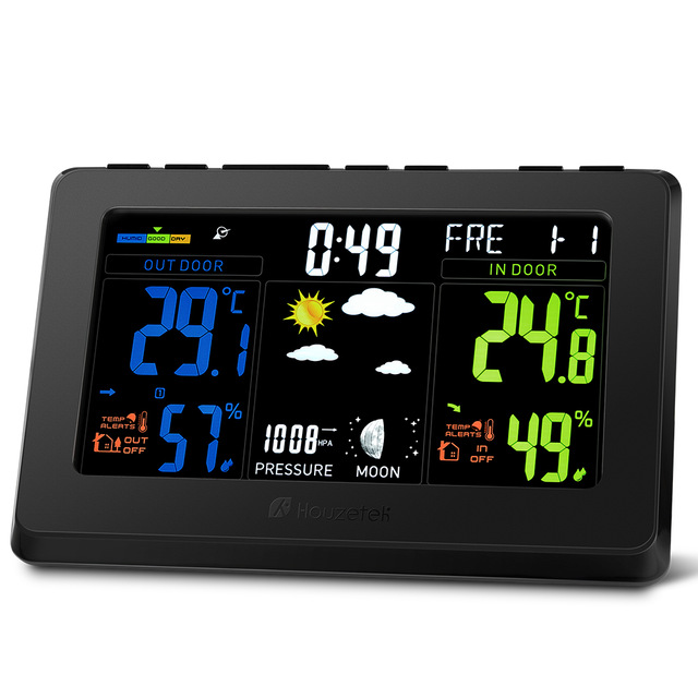 Houzetek S657 Weather Station displaying temperature and humidity readings with an outdoor sensor.