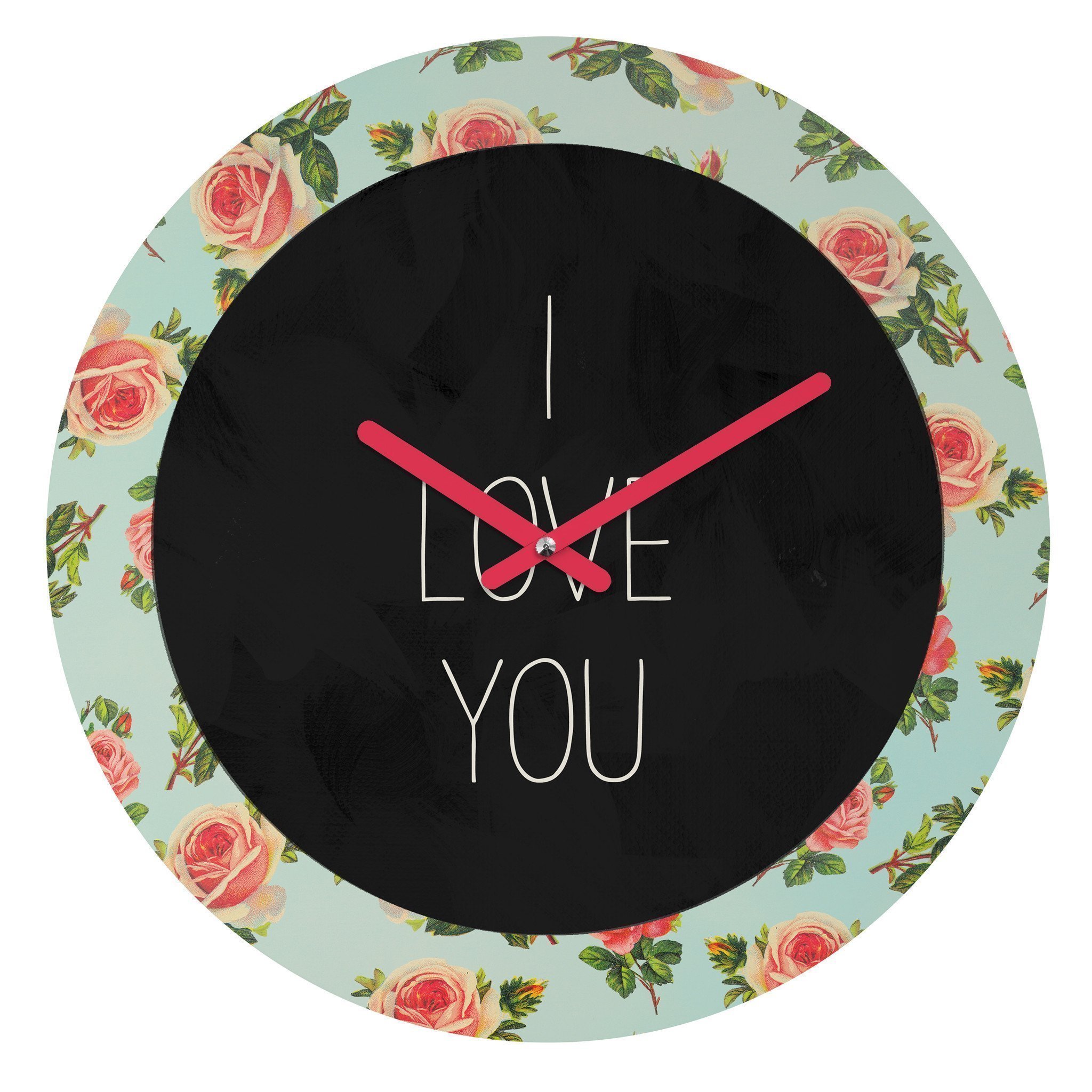 A beautifully designed 12-inch round wall clock featuring floral artwork and coordinating clock hands, perfect for home décor.