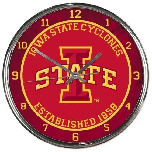 Iowa State Cyclones Round Chrome Wall Clock featuring vibrant team graphics and metal hands, perfect for fan caves and offices.