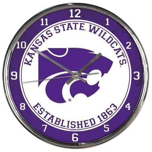 Kansas State Wildcats Round Chrome Wall Clock featuring vibrant team graphics and metal hands, perfect for fan caves and offices.