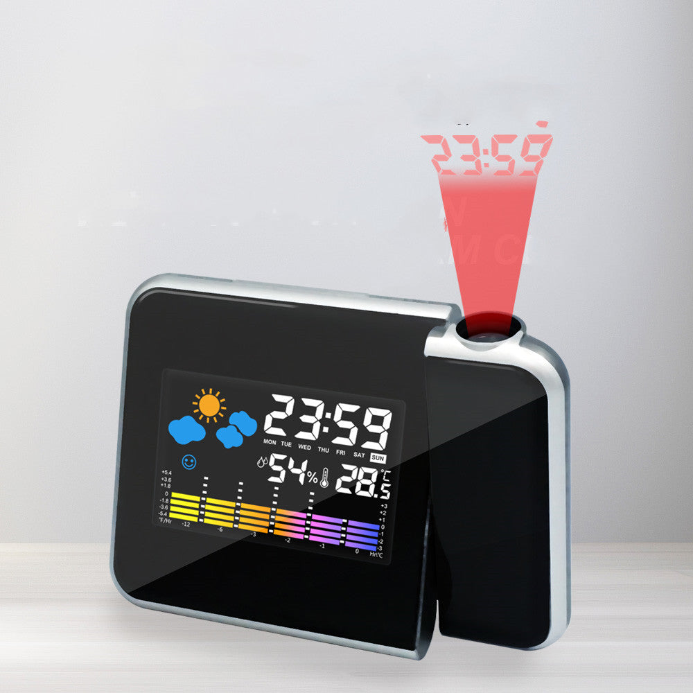 LED Alarm Projection Clock displaying time, temperature, and humidity with a sleek design in white and black colors.