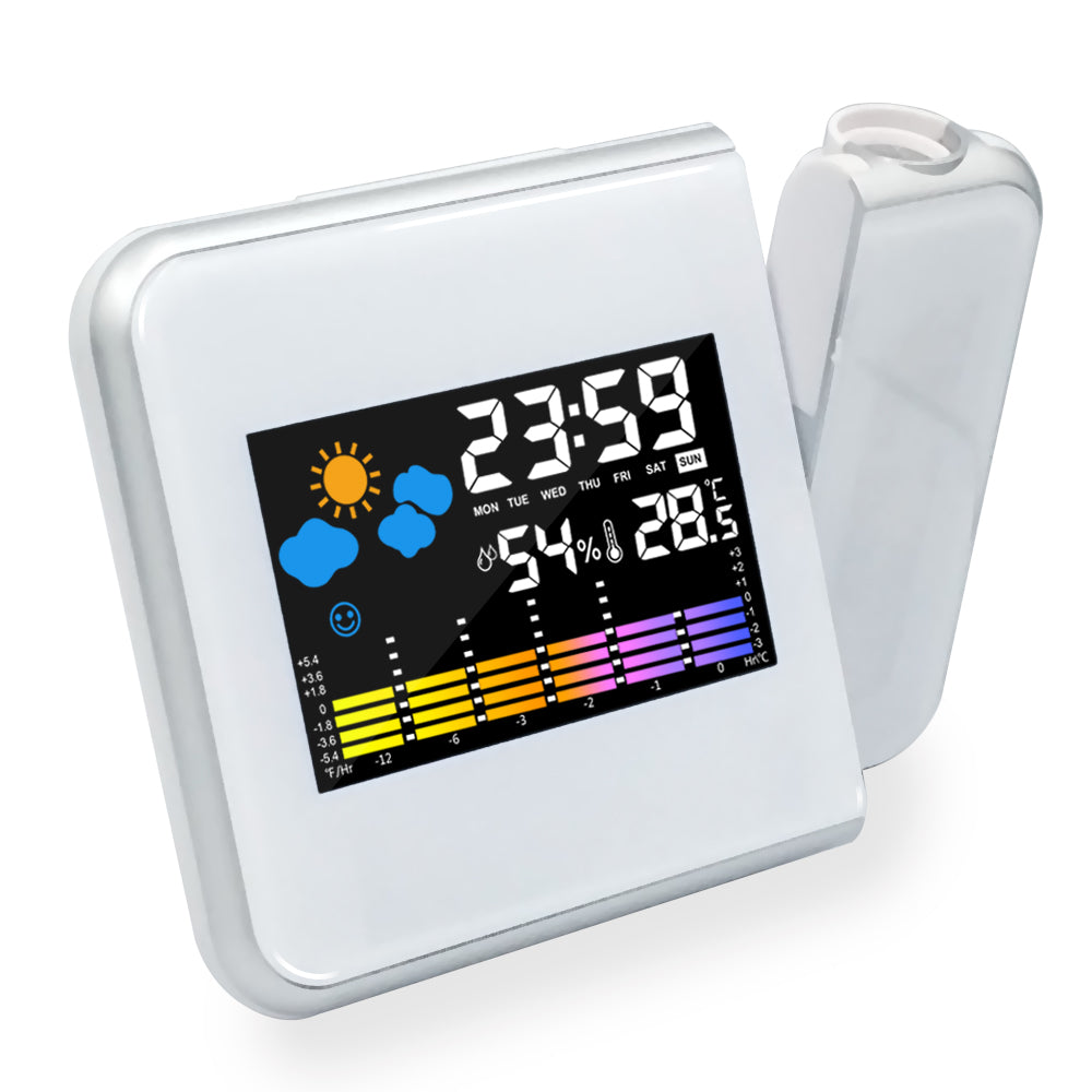 LED Alarm Projection Clock displaying time, temperature, and humidity with a sleek design in white and black colors.