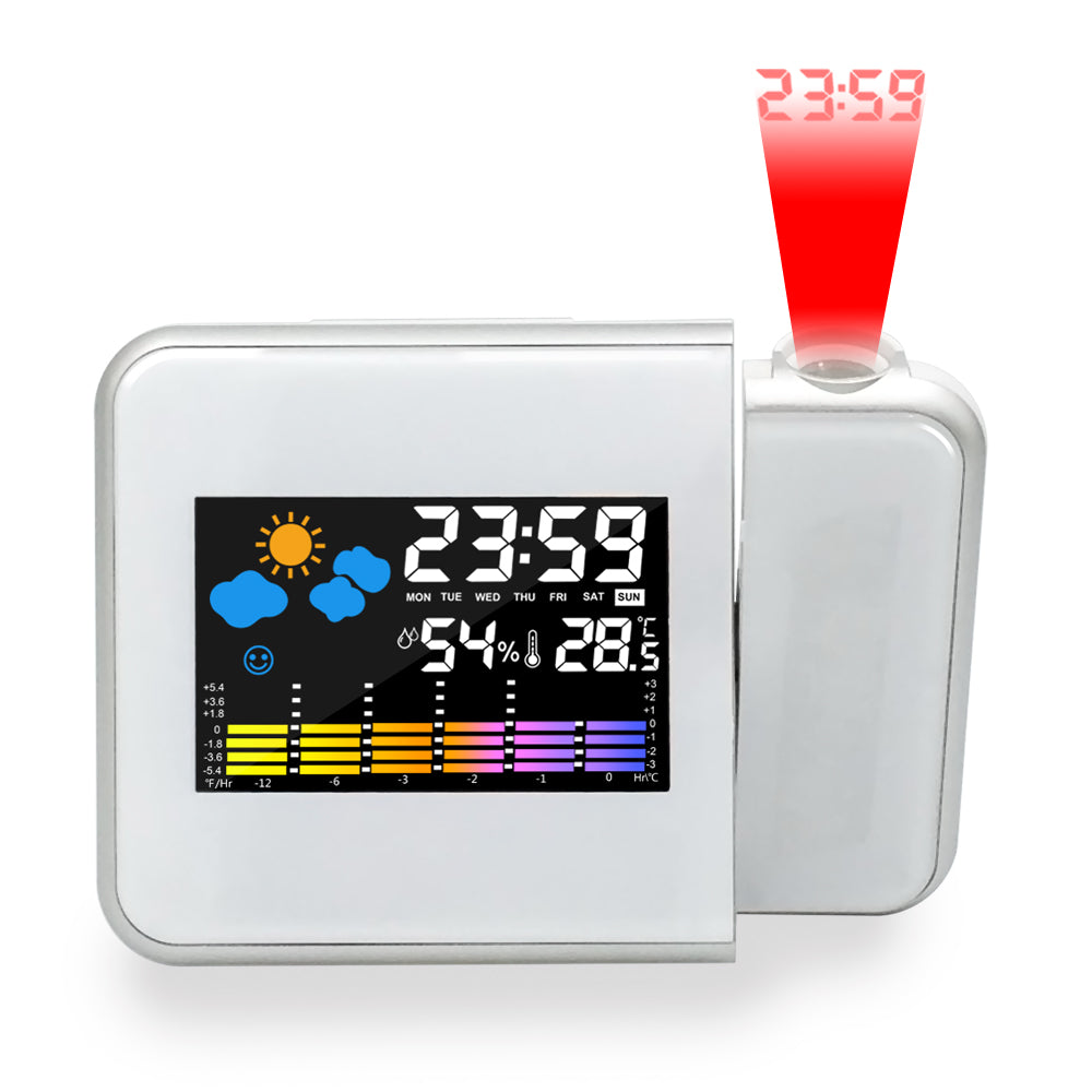 LED Alarm Projection Clock displaying time, temperature, and humidity with a sleek design in white and black colors.