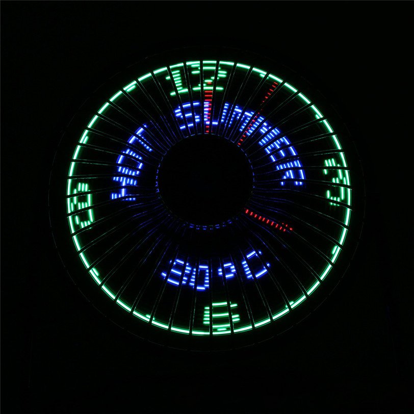 LED Desktop Clock Fan displaying time and temperature with a sleek design, featuring a customizable message and USB connectivity.