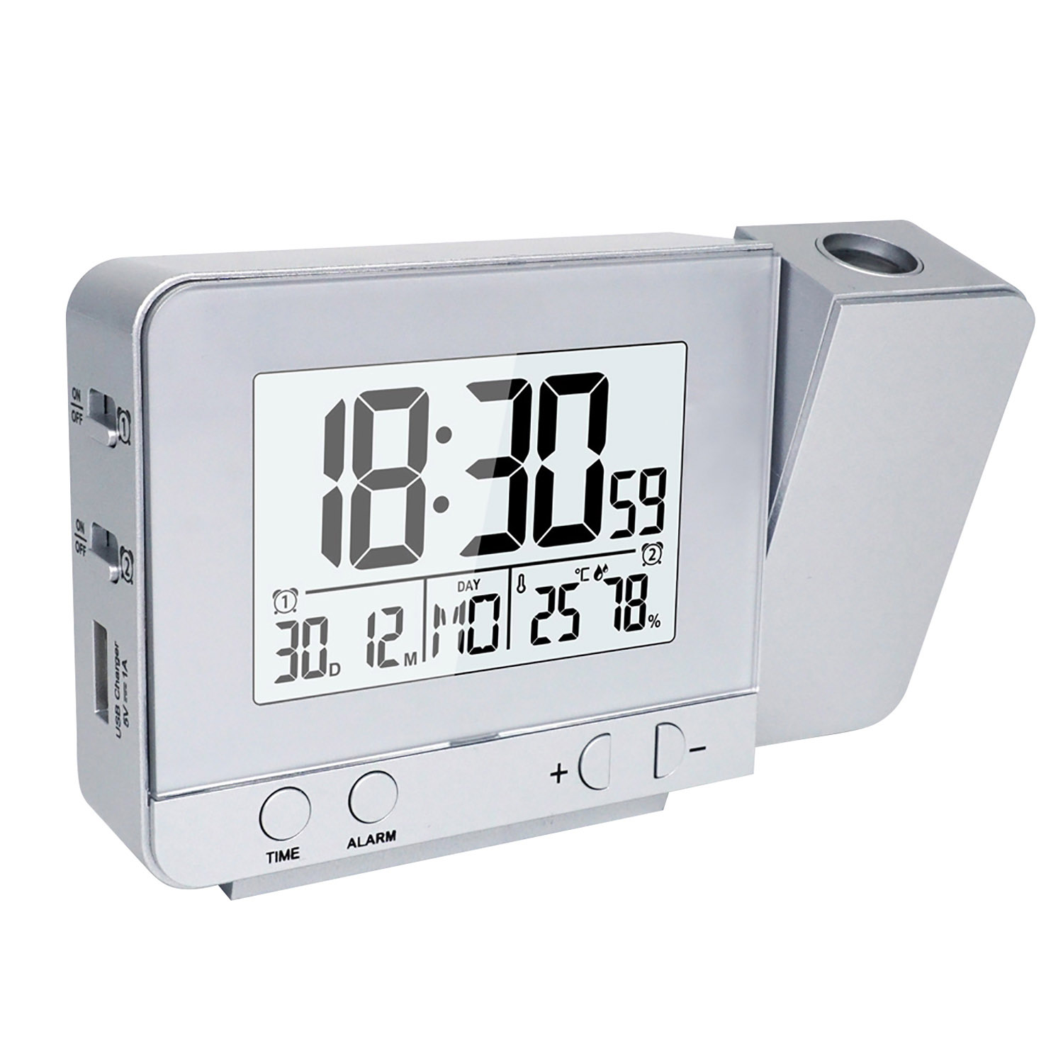 LED Display Projector Clock in silver and black with rotating projection feature, displaying time, date, temperature, and humidity.