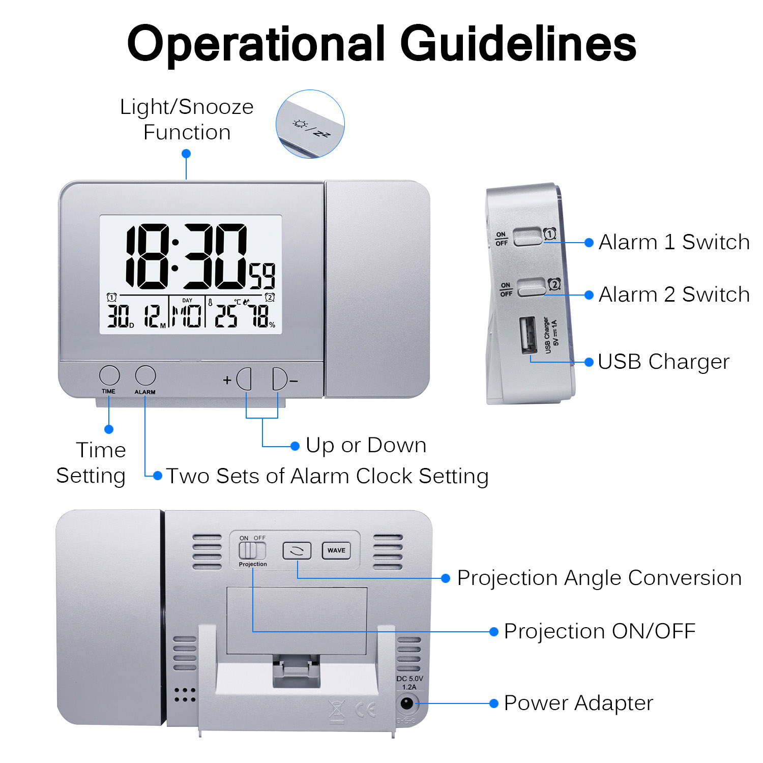 LED Display Projector Clock in silver and black with rotating projection feature, displaying time, date, temperature, and humidity.