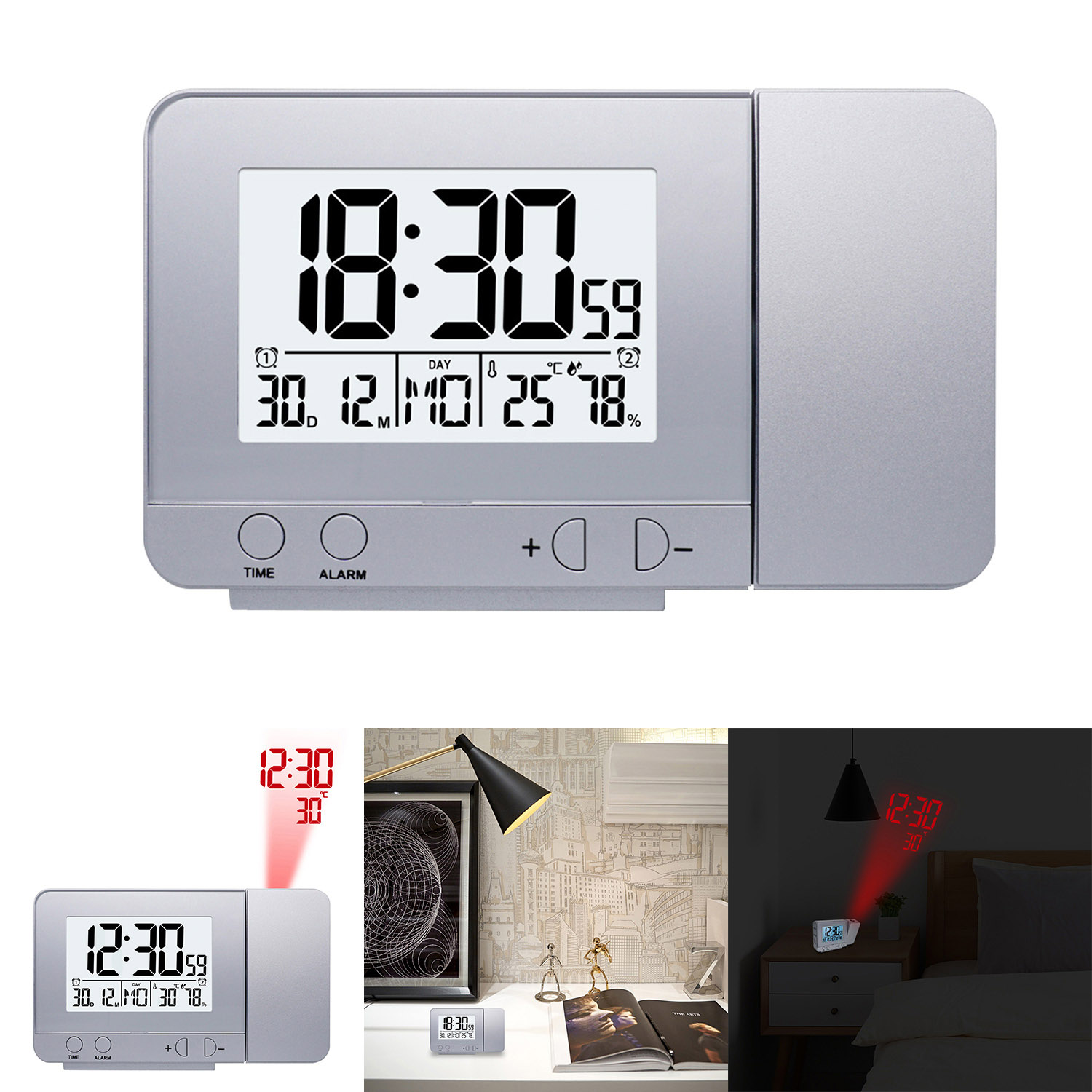 LED Display Projector Clock in silver and black with rotating projection feature, displaying time, date, temperature, and humidity.